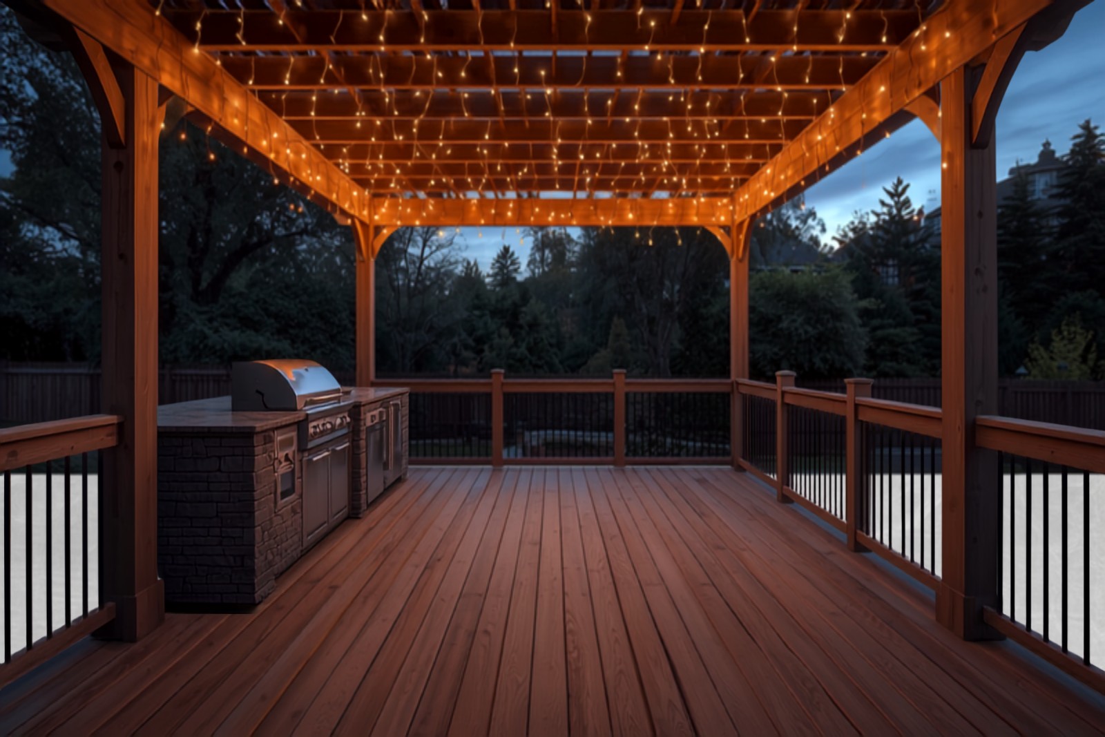Deck with outdoor kitchen at dusk Westchester NY