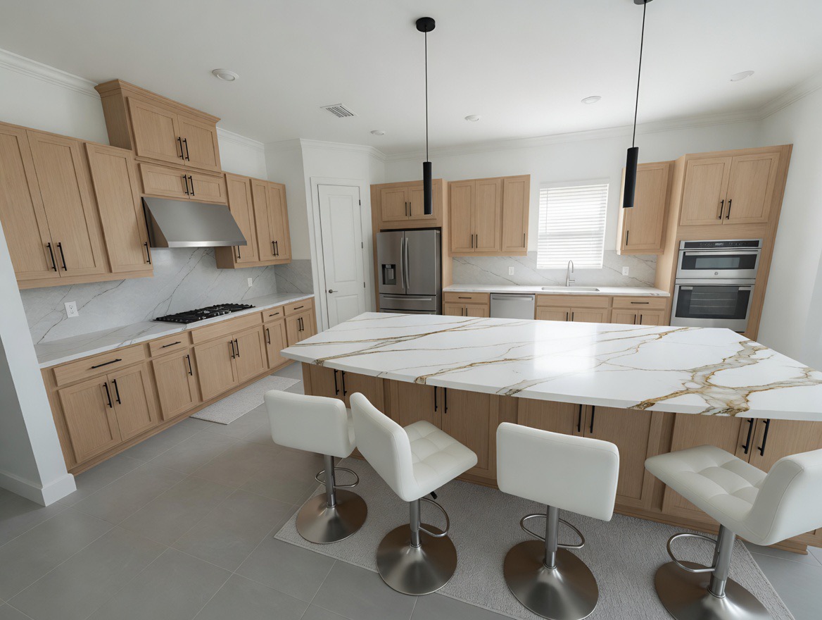 Large kitchen island with waterfall quartz countertop and white oak cabinetry, Westchester NY